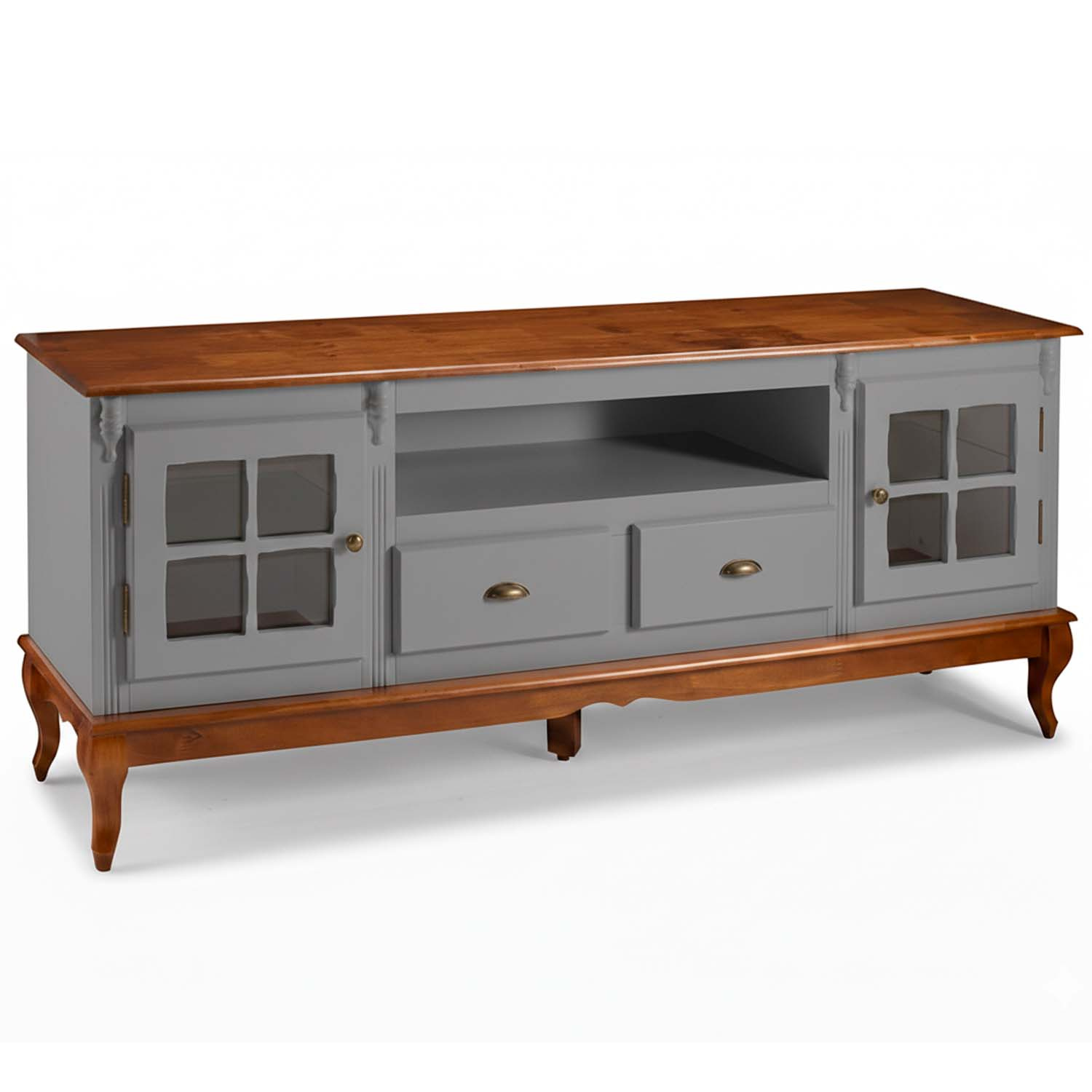 Rack Hanover 2 Portas Com Vidro Cruzeta 2 Gavetas + Nicho Pés Luis XV 75 x 195 x 40 cm (A x L x P) - Cor Cinza Escuro - Imbuia Glazer