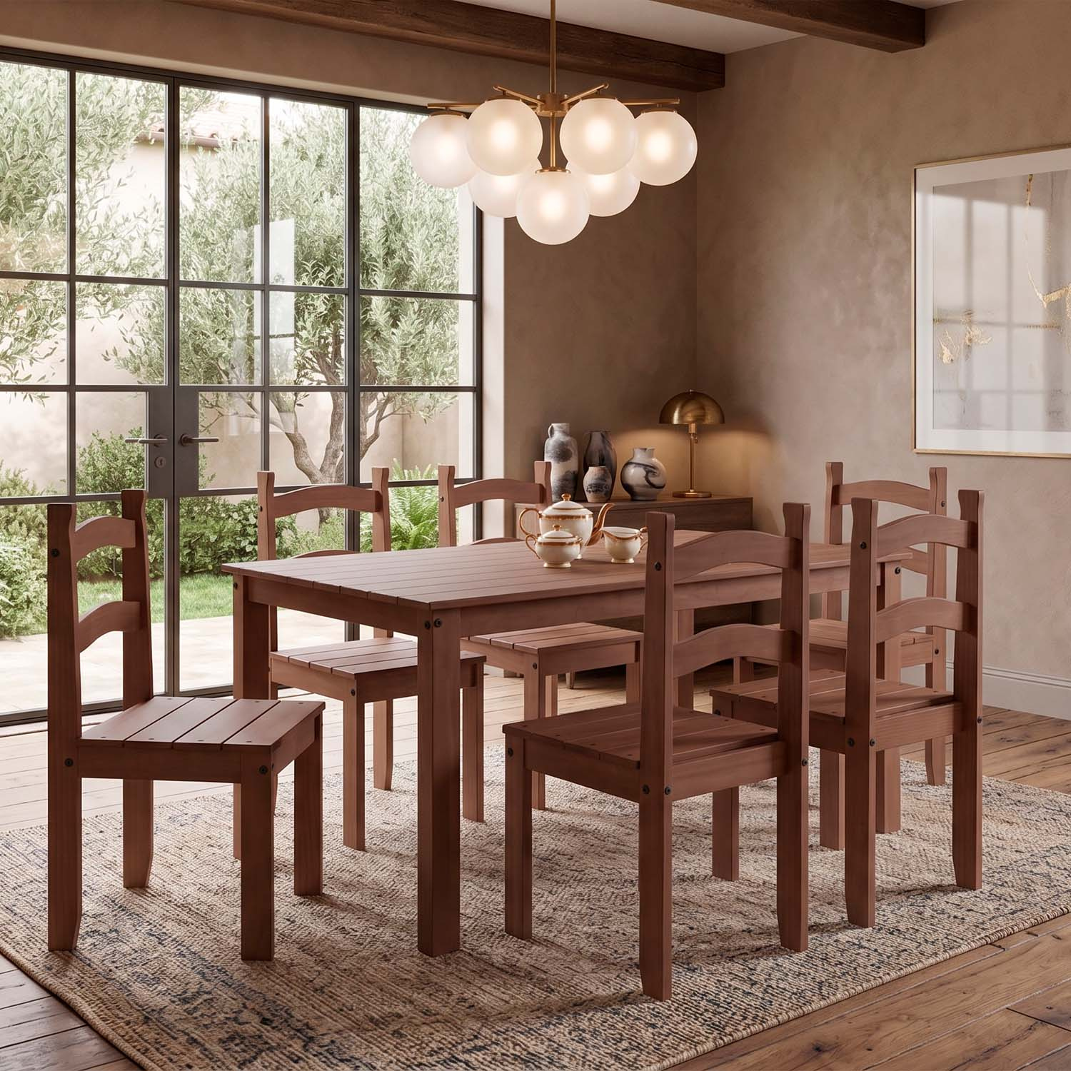Conjunto de Mesa com 6 Cadeiras em Madeira Maciça 75 x 140 x 75 (A x L x P) cm Cor Chocolate