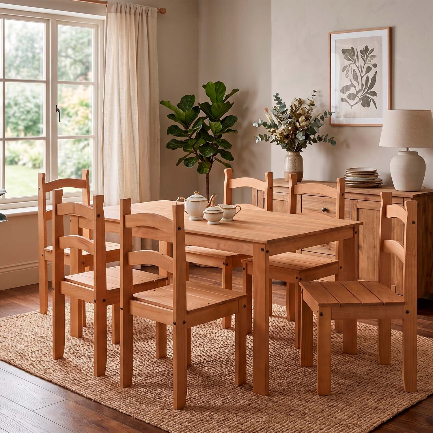 Conjunto de Mesa com 6 Cadeiras em Madeira Maciça 75 x 140 x 75 (A x L x P) cm Cor Mel