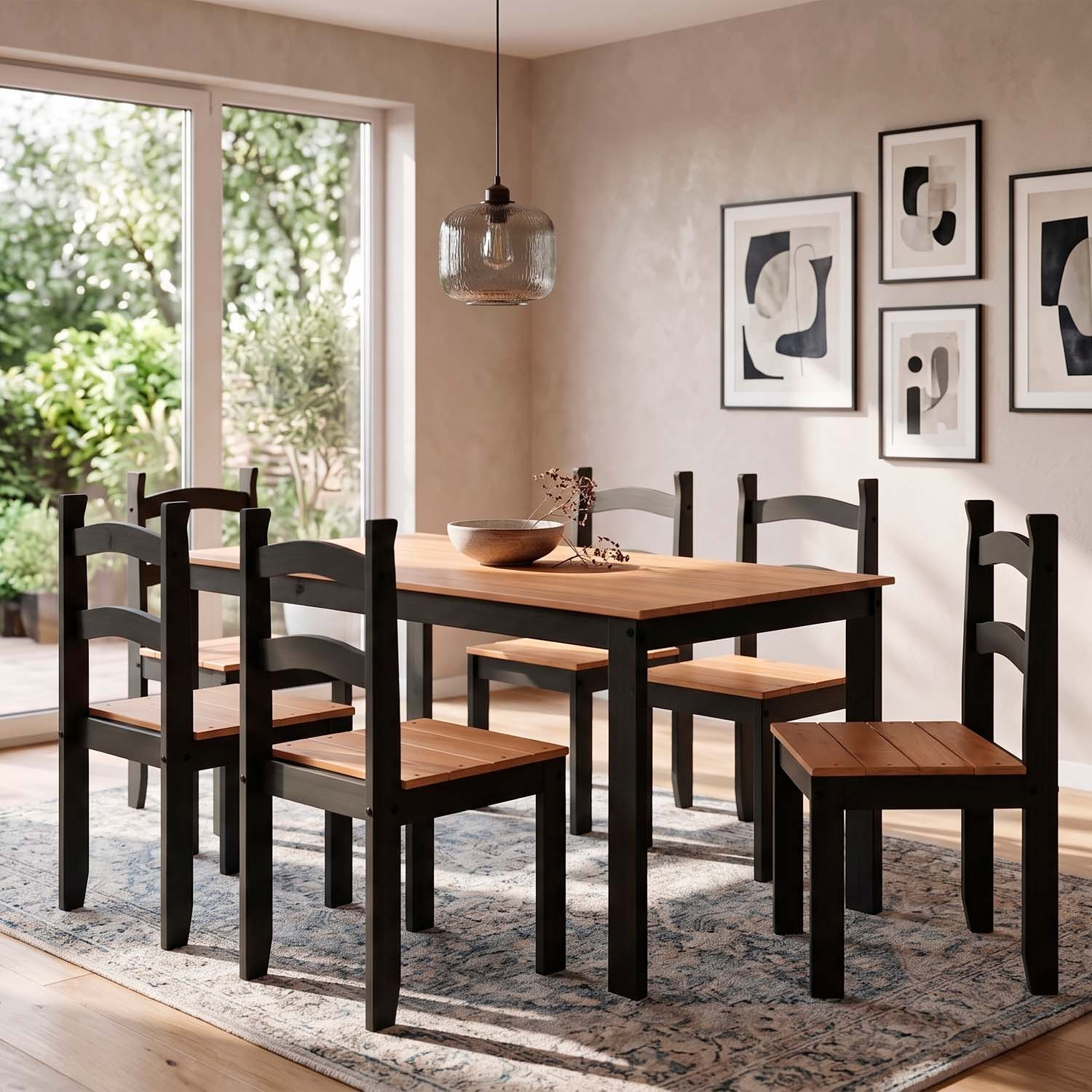 Conjunto de Mesa com 6 Cadeiras em Madeira Maciça 75 x 140 x 75 (A x L x P) cm Cor Preto Com Mel