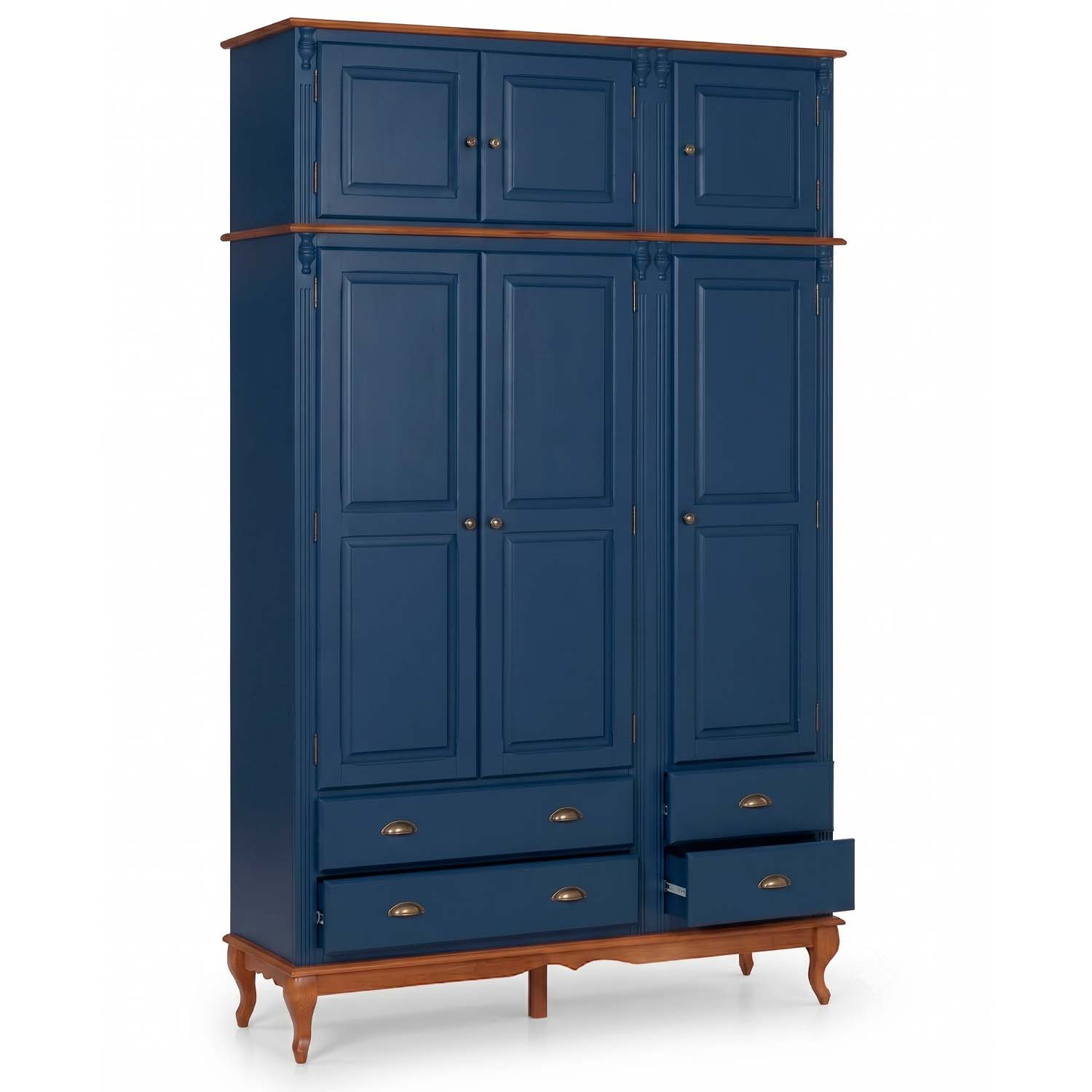 Roupeiro Linz 03 Portas 04 Gavetas Com Maleiro 252 x 153 x 50 cm (A x L x P) - Cor Azul Petróleo/Imbuia Glazer
