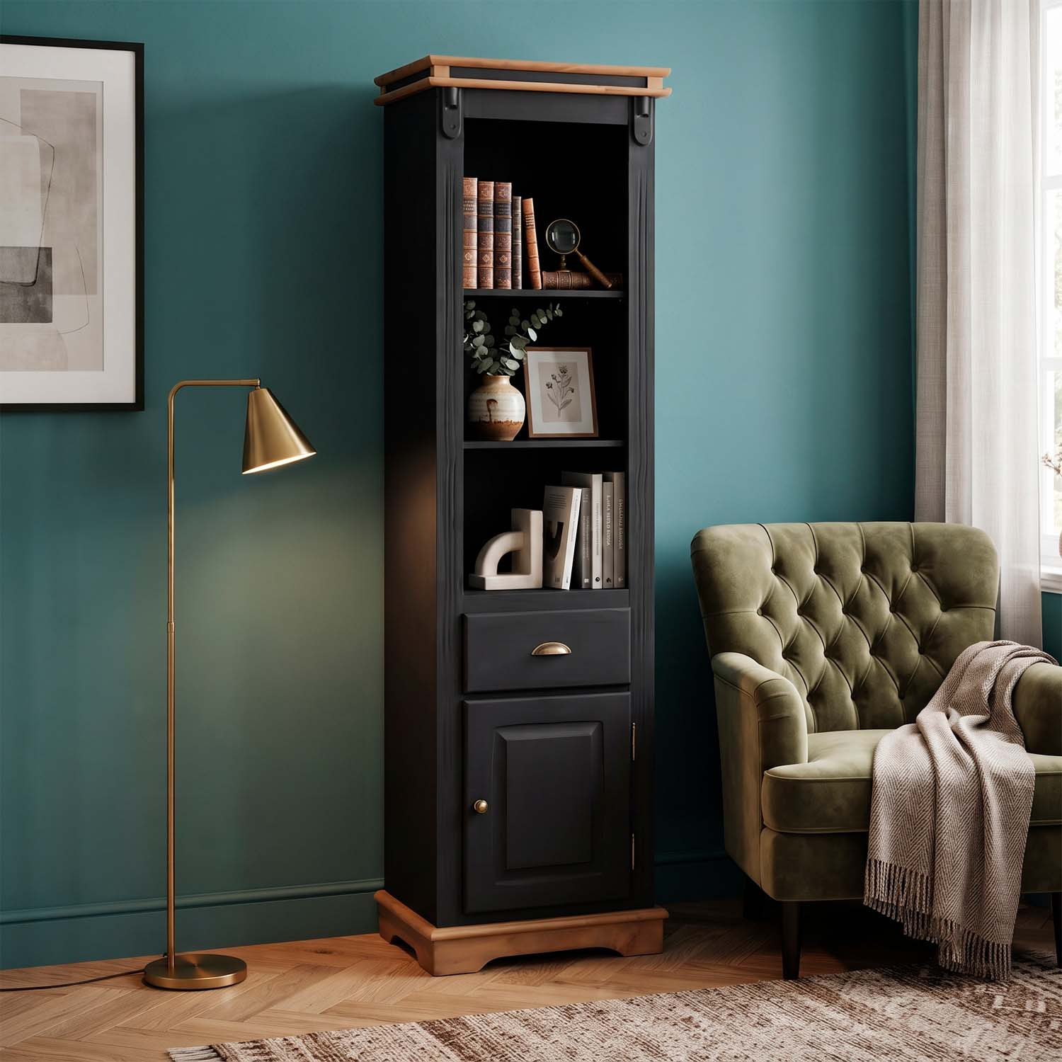 Estante Torre 1 Porta 1 Gaveta 2 Prateleiras Manchester 195 cm Cor Preto - Imbuia Glazer