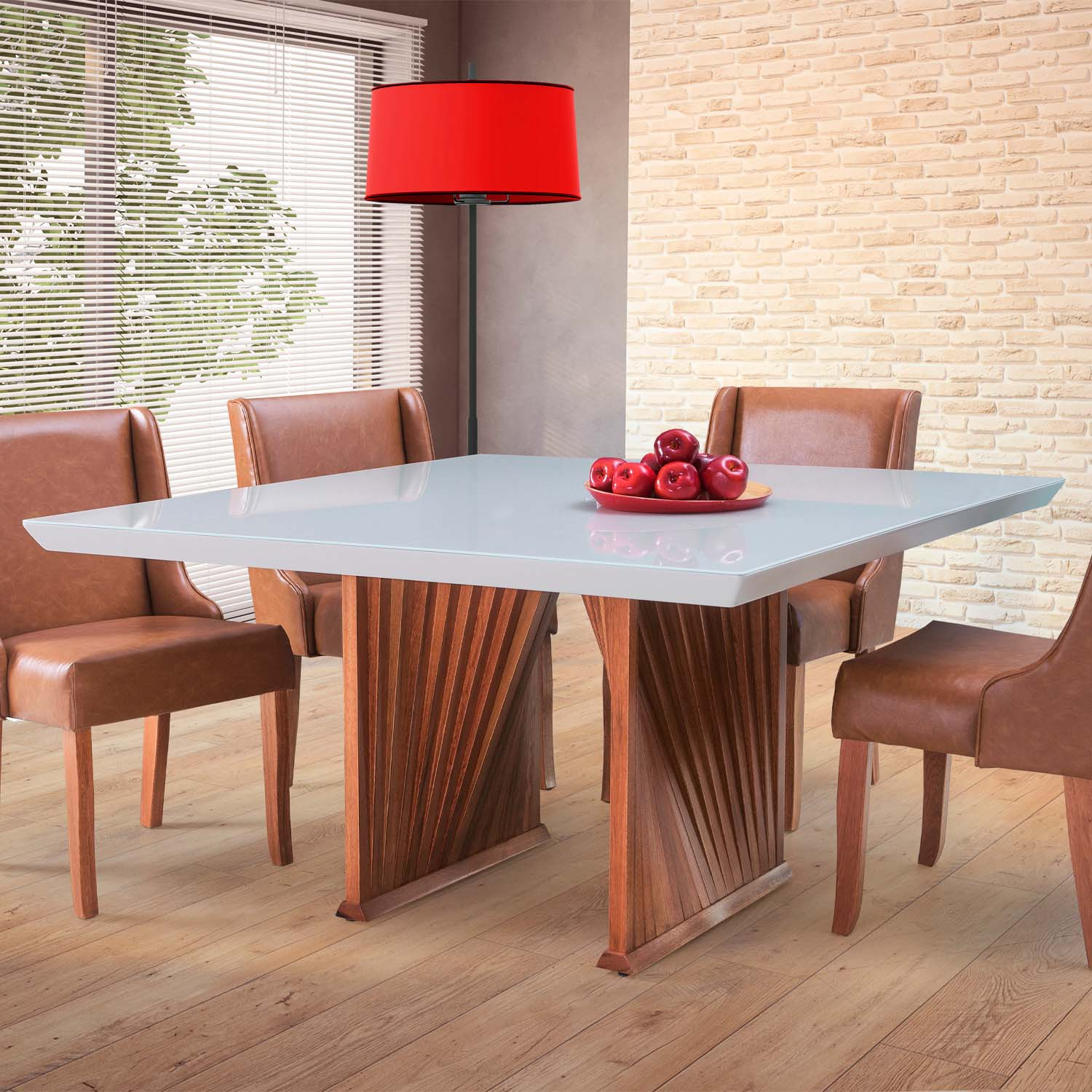 Mesa Jantar Base Madeira Maciça Quadrada 140 cm Tampo Com Vidro Cor Pinhão/Offwhite