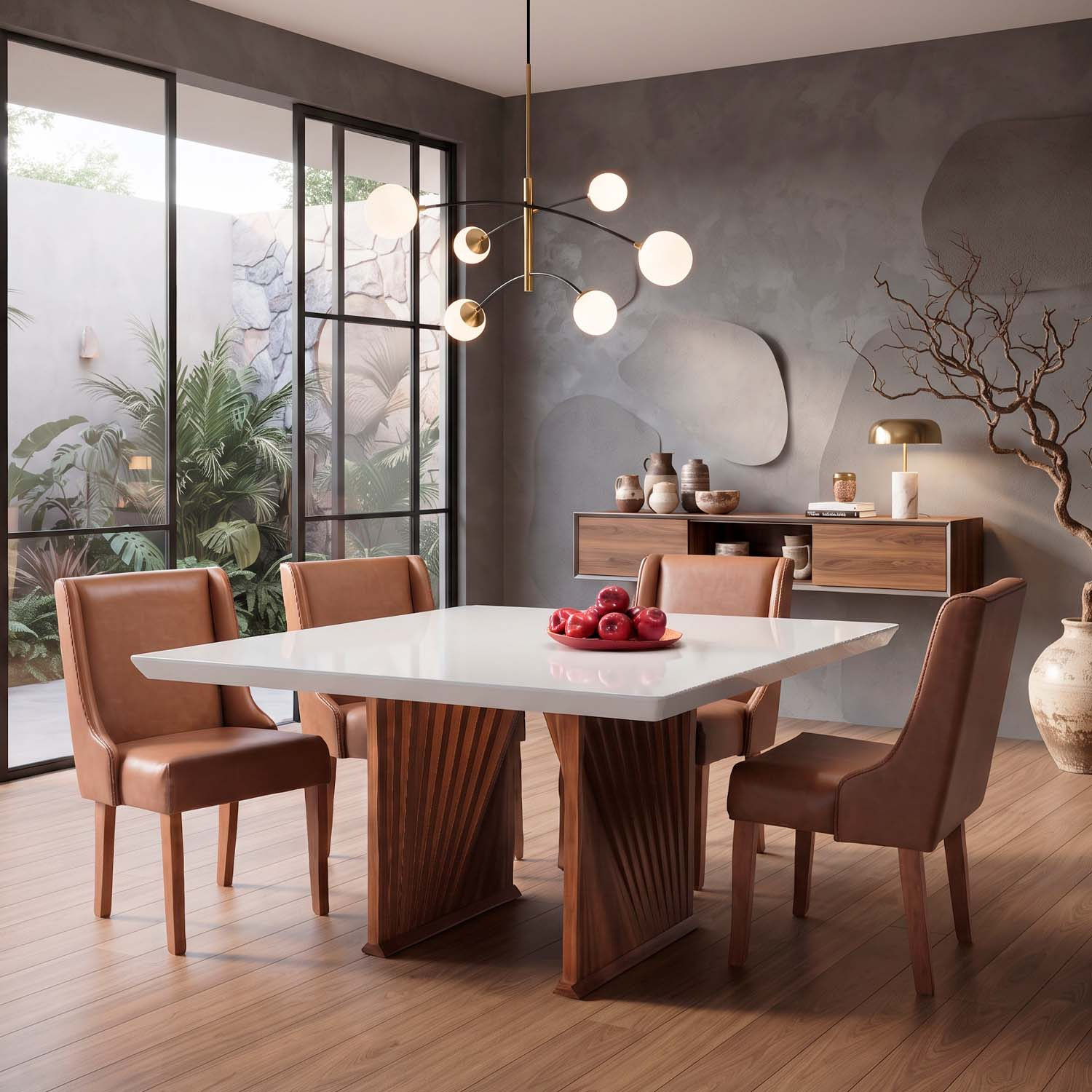 Mesa Jantar Base Madeira Maciça Quadrada 150 cm Tampo Com Vidro Cor Pinhão/Offwhite