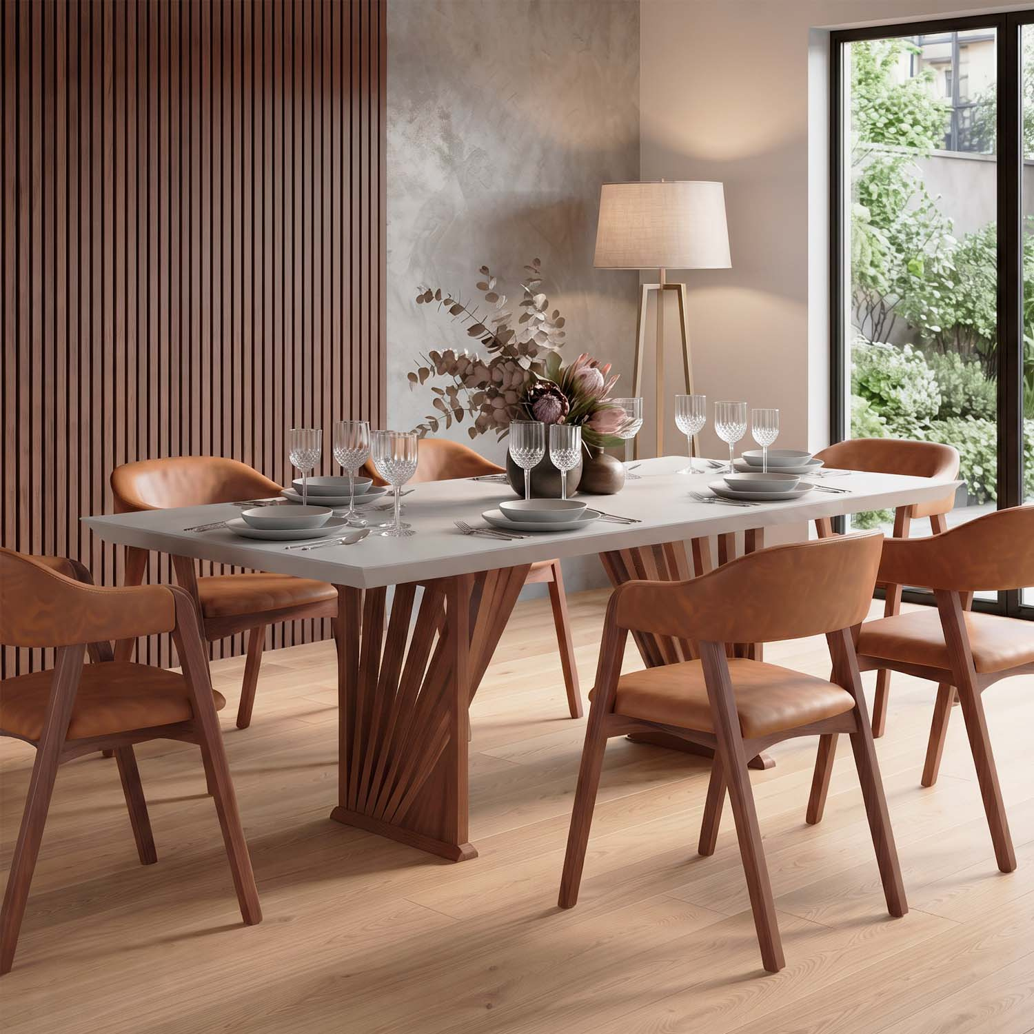 Mesa Jantar Base Madeira Maciça Retangular 180 cm 6 Lugares Tampo Com Vidro Cor Pinhão/Offwhite