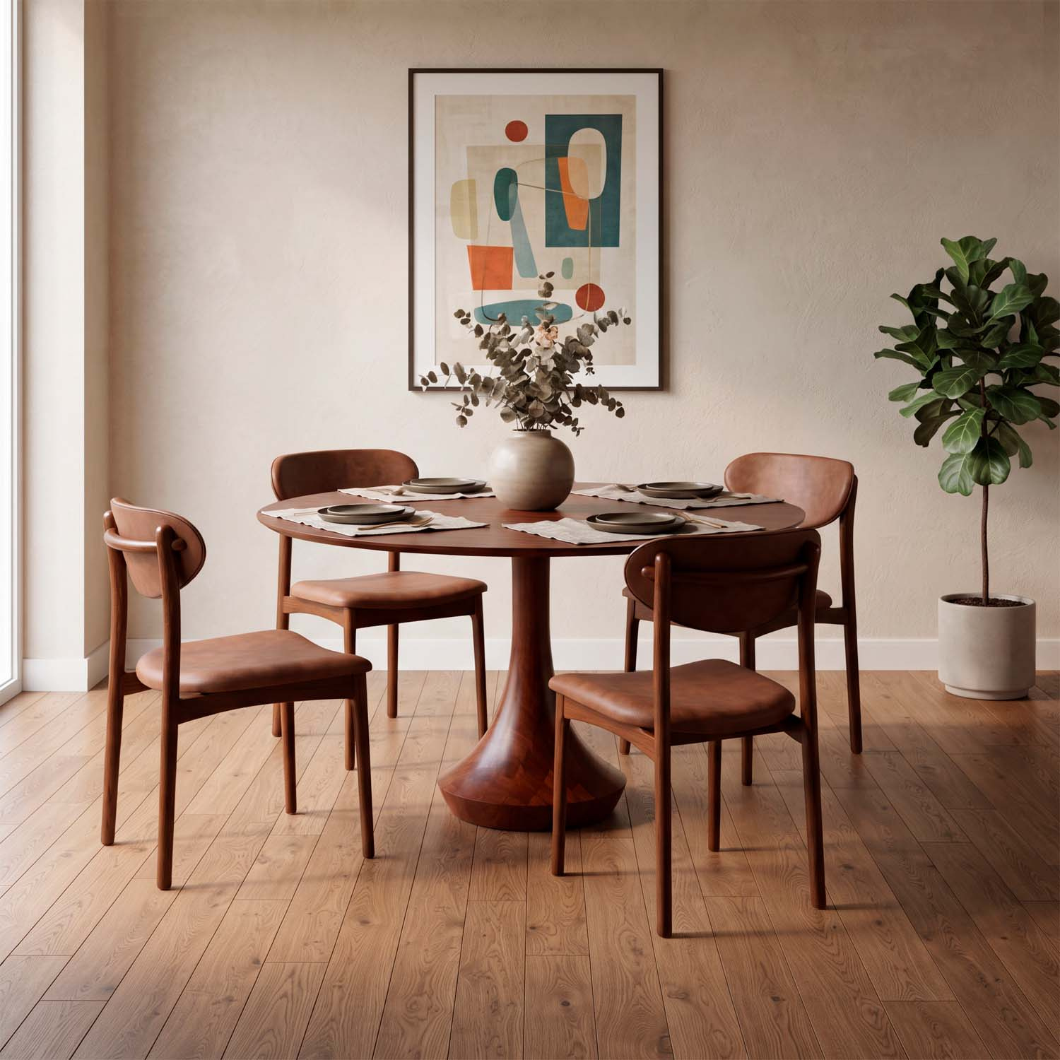 Mesa Redonda Mahal 4 Lugares Base madeira Maciça Tampo Com Lâmina Natural 100 cm Cor Castanho