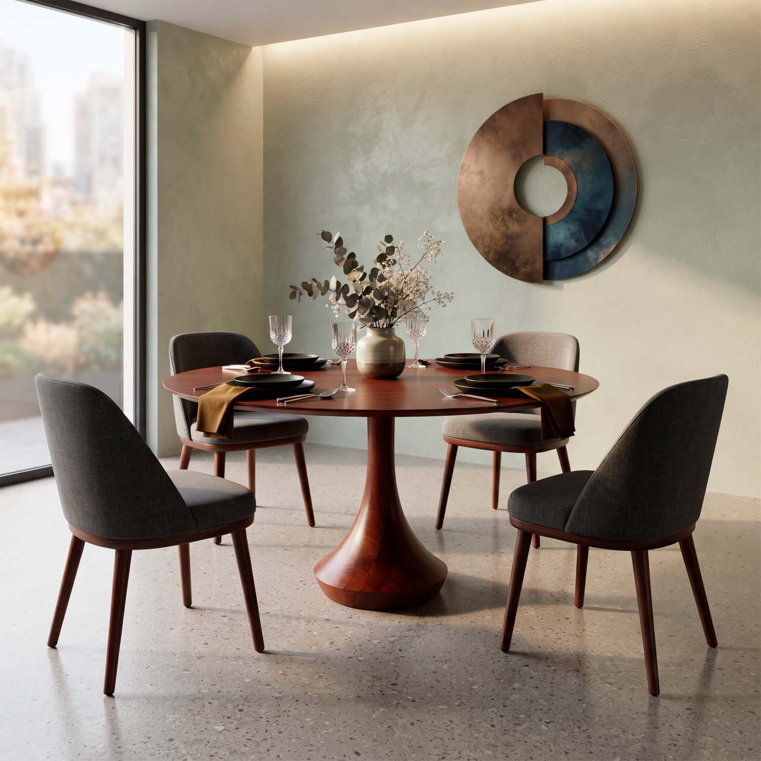 Mesa Redonda Mahal 4 Lugares Base madeira Maciça Tampo Com Lâmina Natural 120 cm Cor Castanho