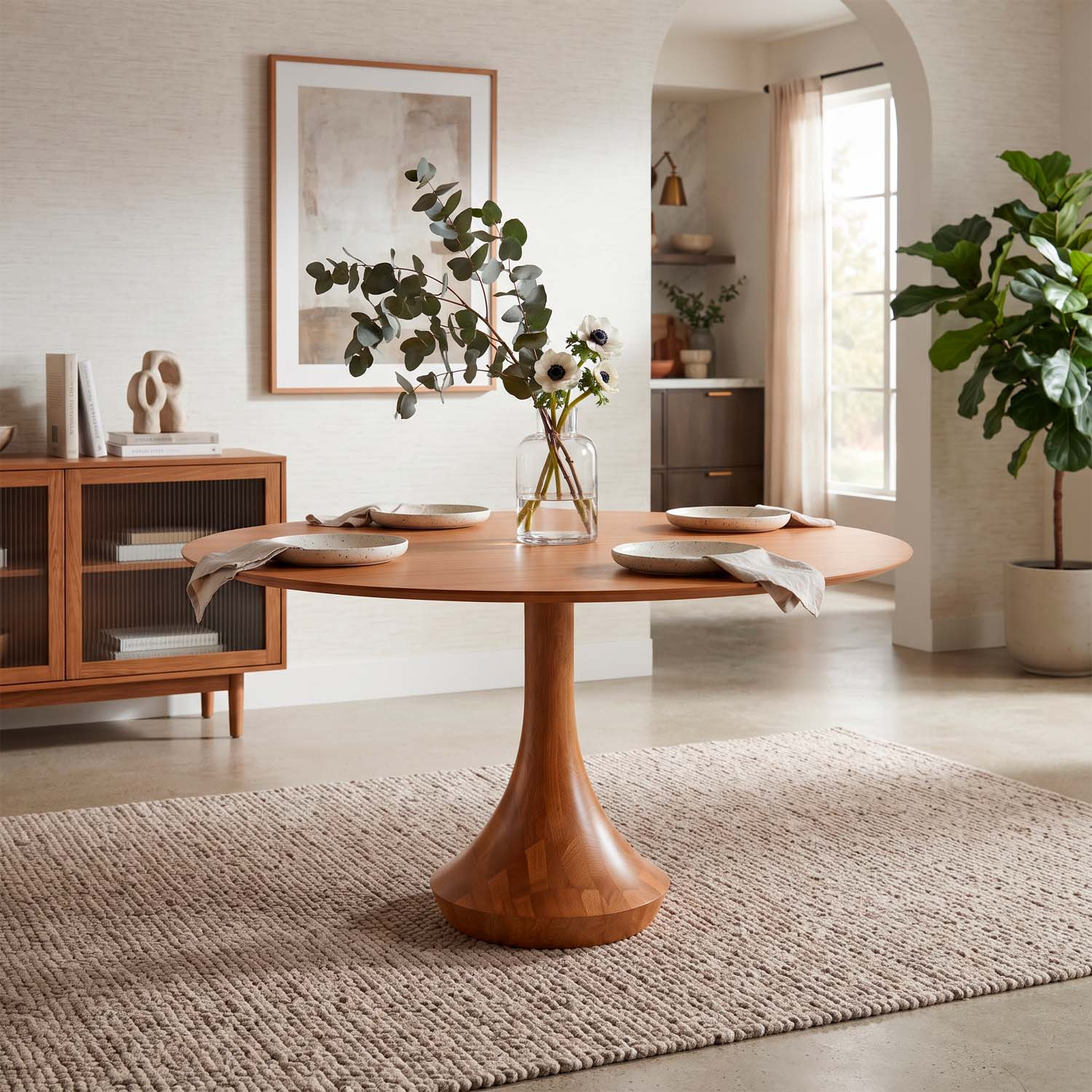 Mesa Redonda Mahal 4 Lugares Base madeira Maciça Tampo Com Lâmina Natural 120 cm Cor Champagne